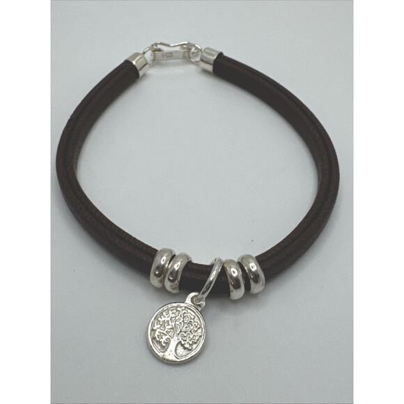 950 Sterling Silver Brown Leather Bracelet Tree Of Life Charm - Picture 1 of 6